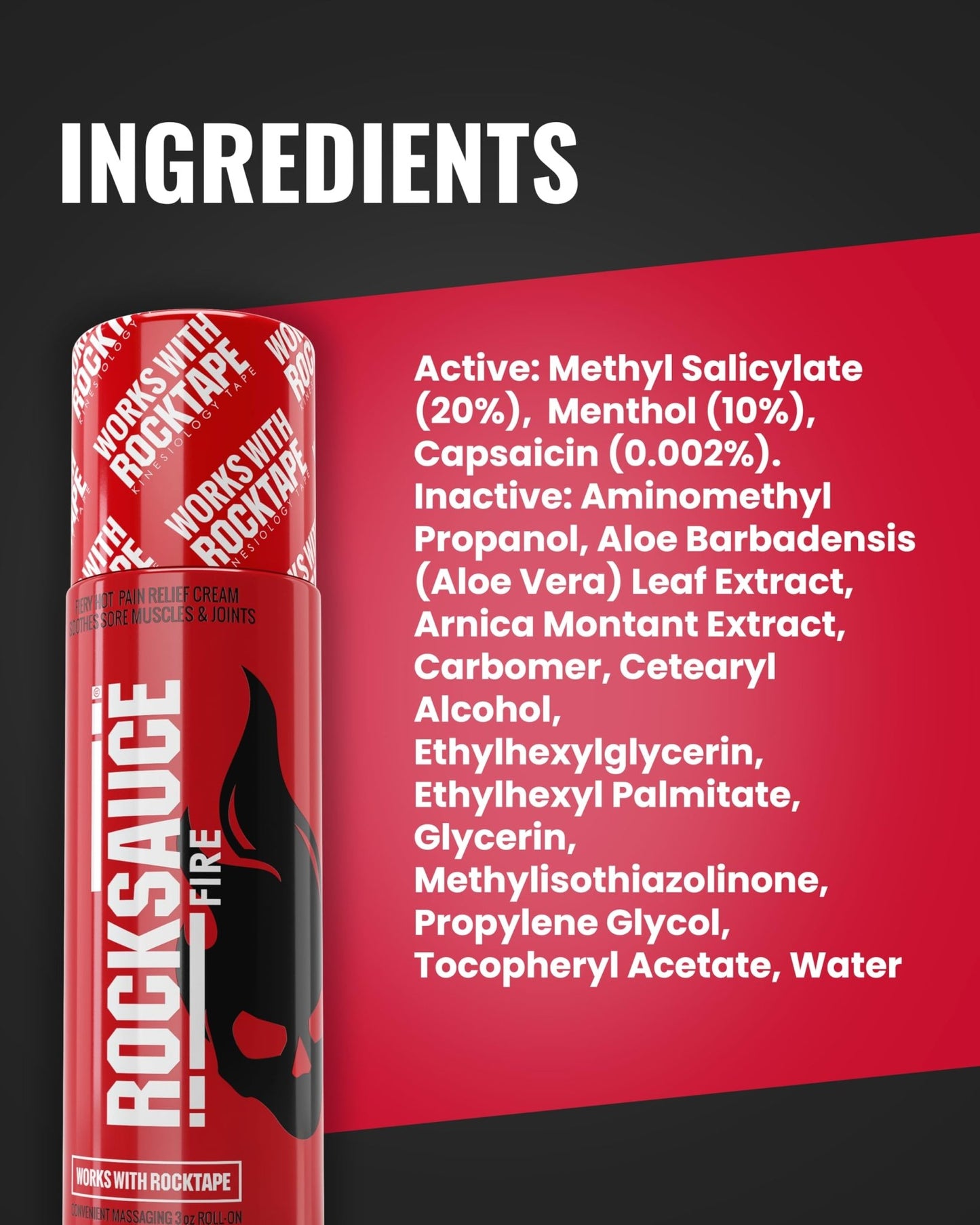 RockSauce Fire, 3 oz Roll-On - Easy to use Pain Relief Cream - Capsaicin & Menthol Formula Relieves Muscle & Joint Pain - Works w/ RockTape - No-Mess Applicator - Dye-Free, Won't Stain Clothes - dailyvitalstore