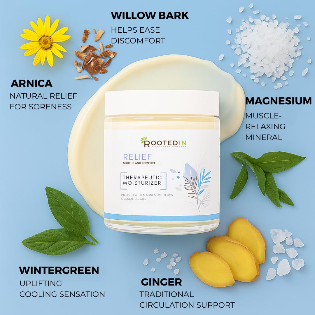 Rooted In Relief Magnesium Cream – 500mg Magnesium Chloride per Teaspoon – Enriched with Arnica, Comfrey & Botanical Blend – Targeted Muscle Support & Topical Relaxation – 4 oz Glass Jar - dailyvitalstore