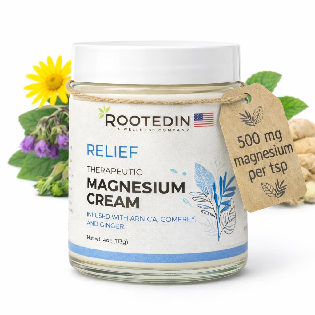 Rooted In Relief Magnesium Cream – 500mg Magnesium Chloride per Teaspoon – Enriched with Arnica, Comfrey & Botanical Blend – Targeted Muscle Support & Topical Relaxation – 4 oz Glass Jar - dailyvitalstore