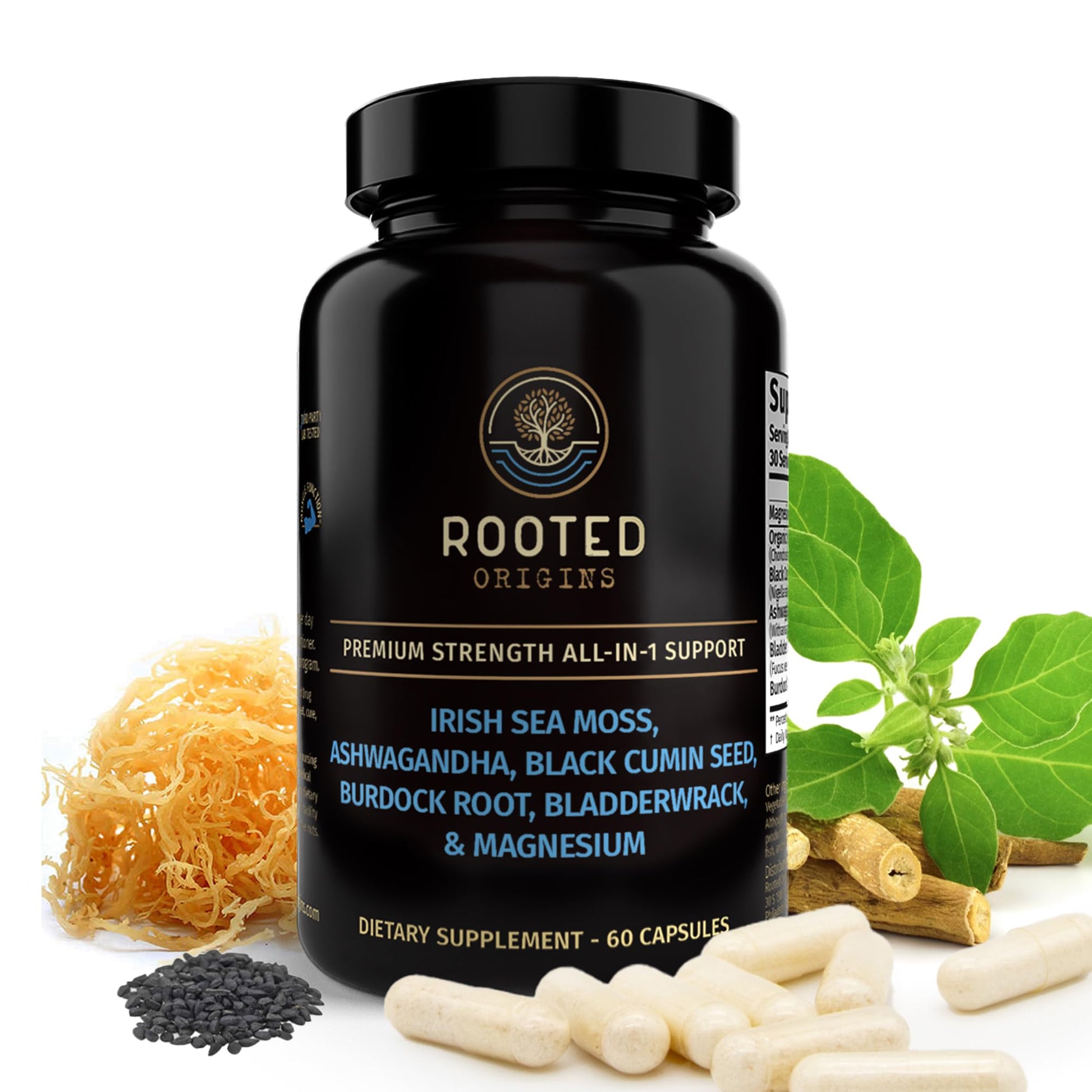 Rooted Origins Sea Moss Capsules – Irish Sea Moss Advanced, Magnesium, Ashwaghanda, Black Seed Oil, Burdock Root & Bladderwrack – Immune Support, Gut Health, Energy, & More – 60 Capsules - dailyvitalstore