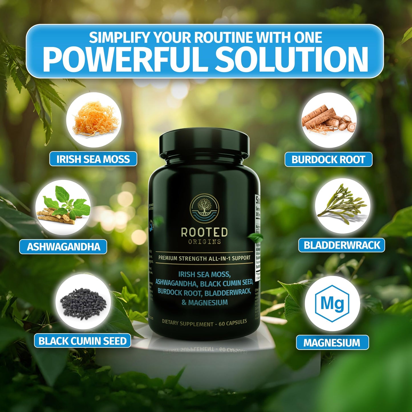 Rooted Origins Sea Moss Capsules – Irish Sea Moss Advanced, Magnesium, Ashwaghanda, Black Seed Oil, Burdock Root & Bladderwrack – Immune Support, Gut Health, Energy, & More – 60 Capsules - dailyvitalstore