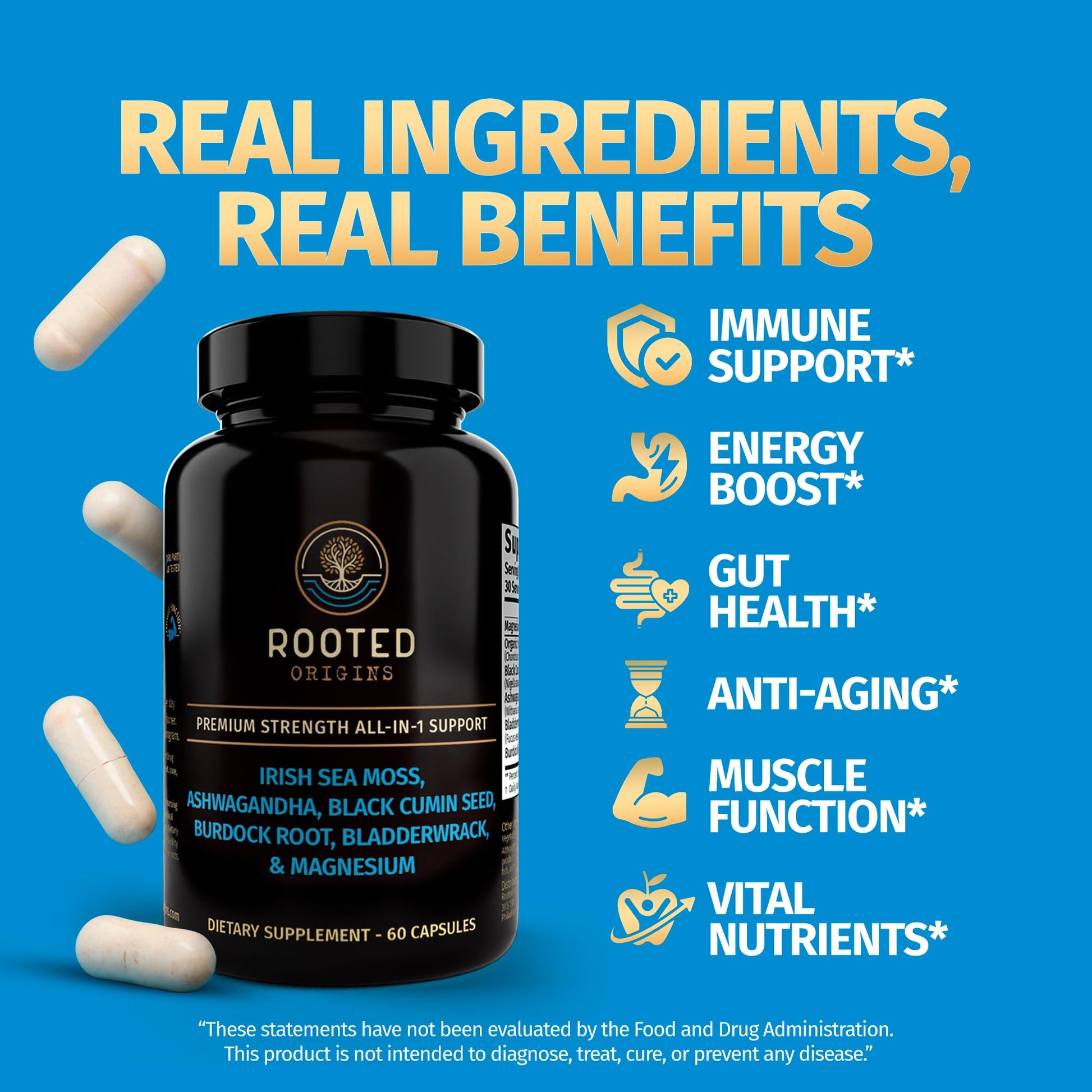 Rooted Origins Sea Moss Capsules – Irish Sea Moss Advanced, Magnesium, Ashwaghanda, Black Seed Oil, Burdock Root & Bladderwrack – Immune Support, Gut Health, Energy, & More – 60 Capsules - dailyvitalstore
