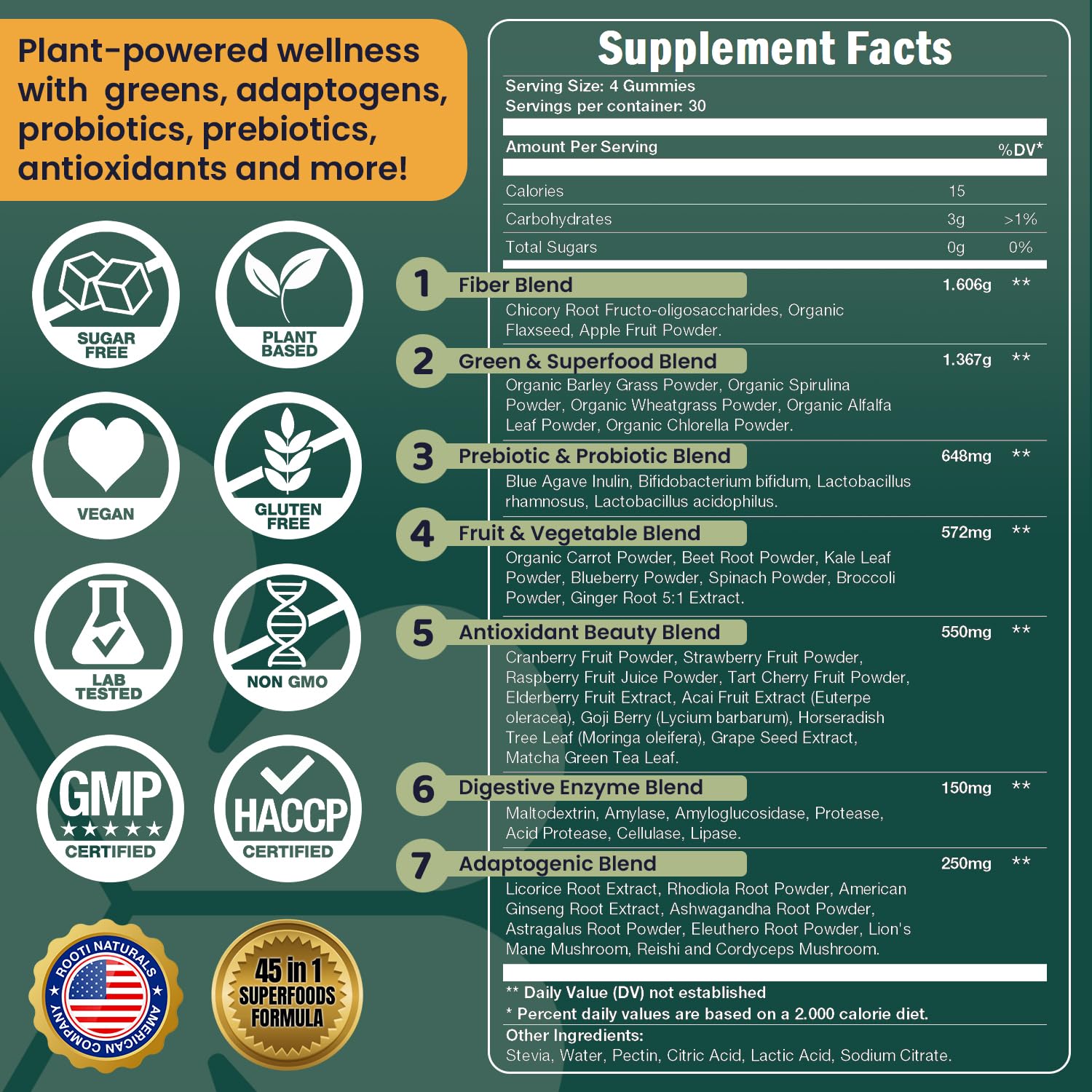 ROOTI Greens + Superfoods Gummies for Adults – 7-in-1 Whole Food Supplement, Spirulina, Lion’s Mane, Probiotics, Fiber & Digestive Enzymes Vegan, Sugar-Free, - dailyvitalstore