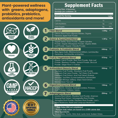ROOTI Greens + Superfoods Gummies for Adults – 7-in-1 Whole Food Supplement, Spirulina, Lion’s Mane, Probiotics, Fiber & Digestive Enzymes Vegan, Sugar-Free, - dailyvitalstore