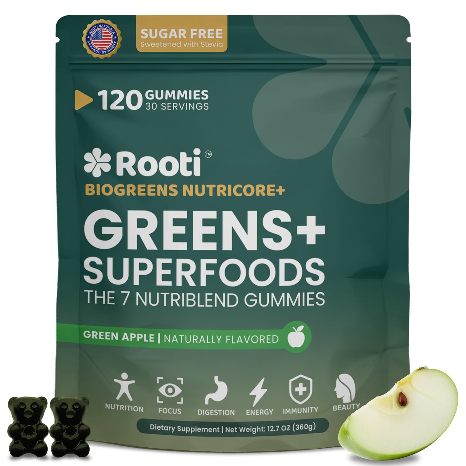 ROOTI Greens + Superfoods Gummies for Adults – 7-in-1 Whole Food Supplement, Spirulina, Lion’s Mane, Probiotics, Fiber & Digestive Enzymes Vegan, Sugar-Free, - dailyvitalstore