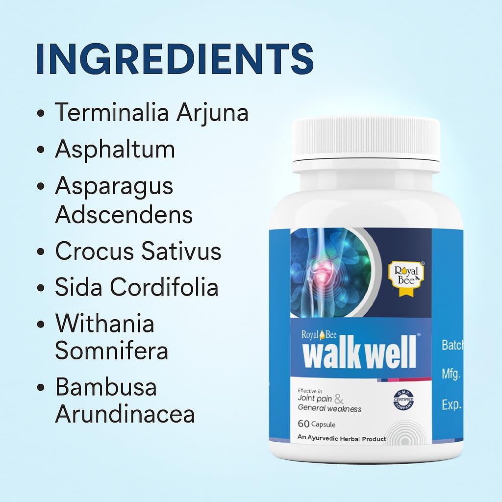 Royal Bee Walkwell Capsules – 60 Capsules – Supports Joint Pain & Inflammation Relief · Useful in Osteoarthritis · Promotes Flexibility & Mobility · Clinically Studied Herbal Ingredients - dailyvitalstore