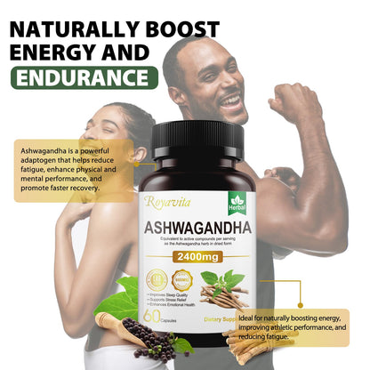 Royavita Ashwagandha Supplements 2400mg Organic with Black Pepper Vitamin B12 & B6 for Max Absorption Stress Relief Athletic - dailyvitalstore
