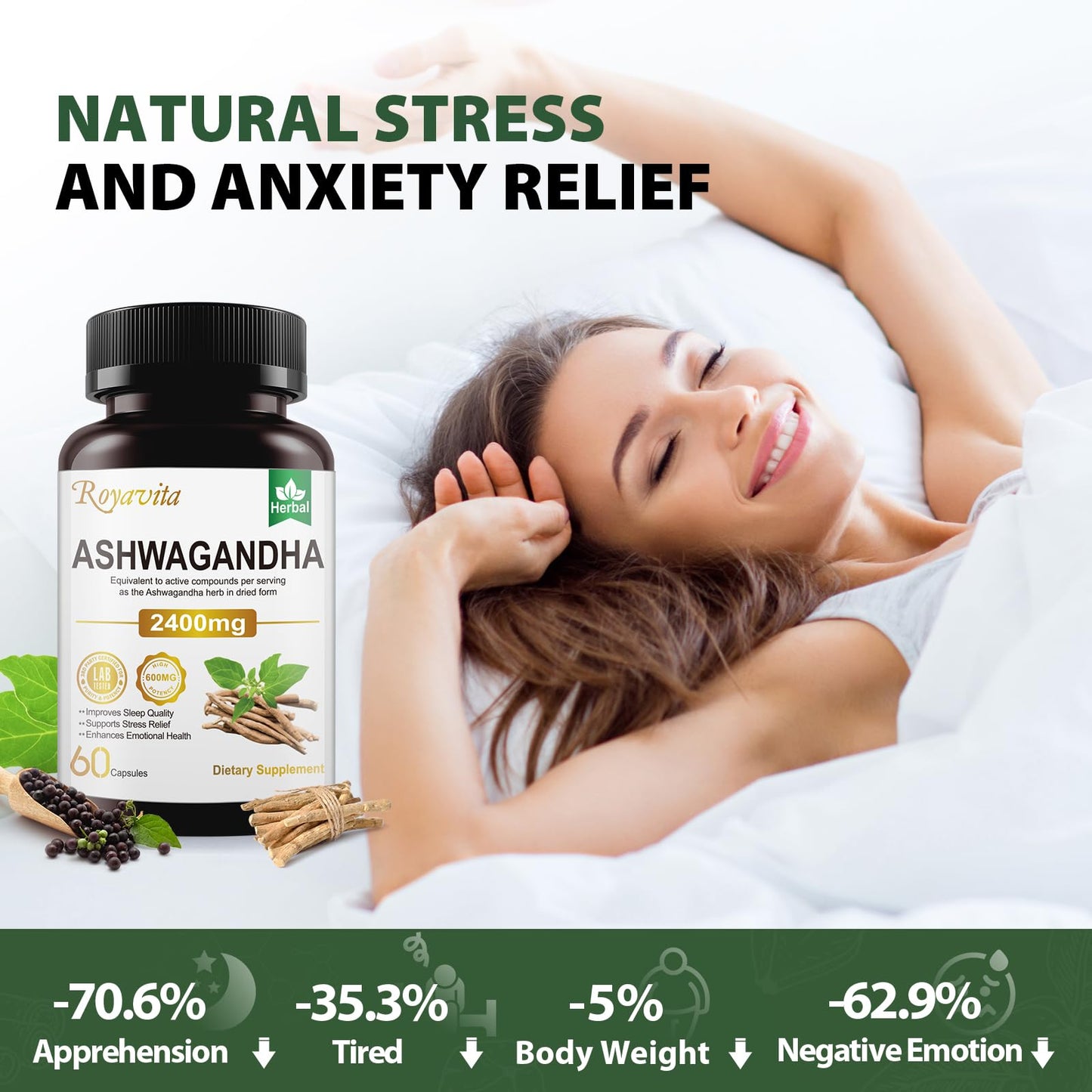 Royavita Ashwagandha Supplements 2400mg Organic with Black Pepper Vitamin B12 & B6 for Max Absorption Stress Relief Athletic - dailyvitalstore