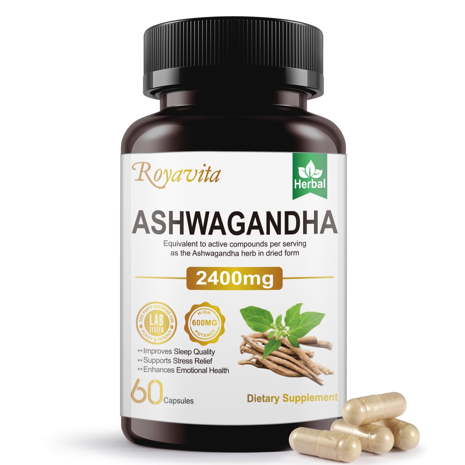 Royavita Ashwagandha Supplements 2400mg Organic with Black Pepper Vitamin B12 & B6 for Max Absorption Stress Relief Athletic - dailyvitalstore