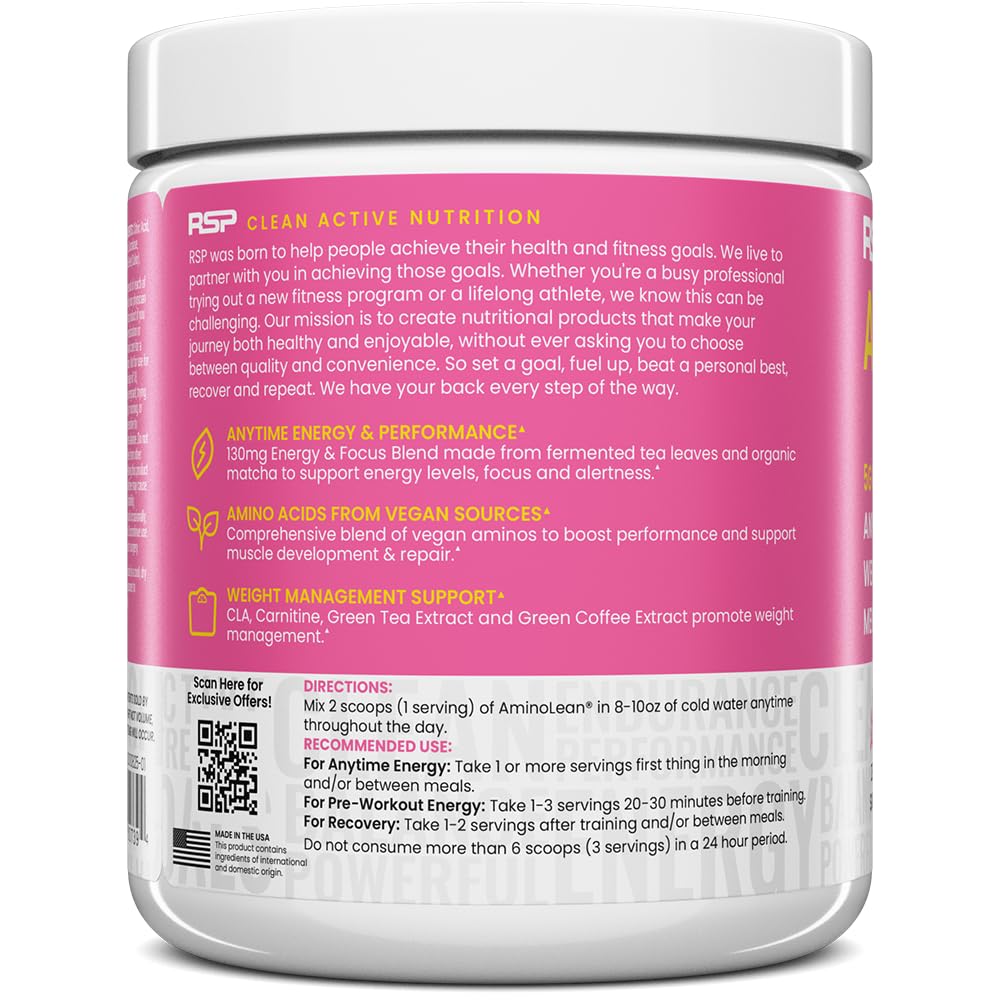 RSP NUTRITION AminoLean Pre Workout Powder, Amino Energy & Weight Management with Vegan BCAA Amino Acids, Natural Caffeine, Preworkout Boost for Men & Women, 30 Serv, Pink Lemonade… - dailyvitalstore