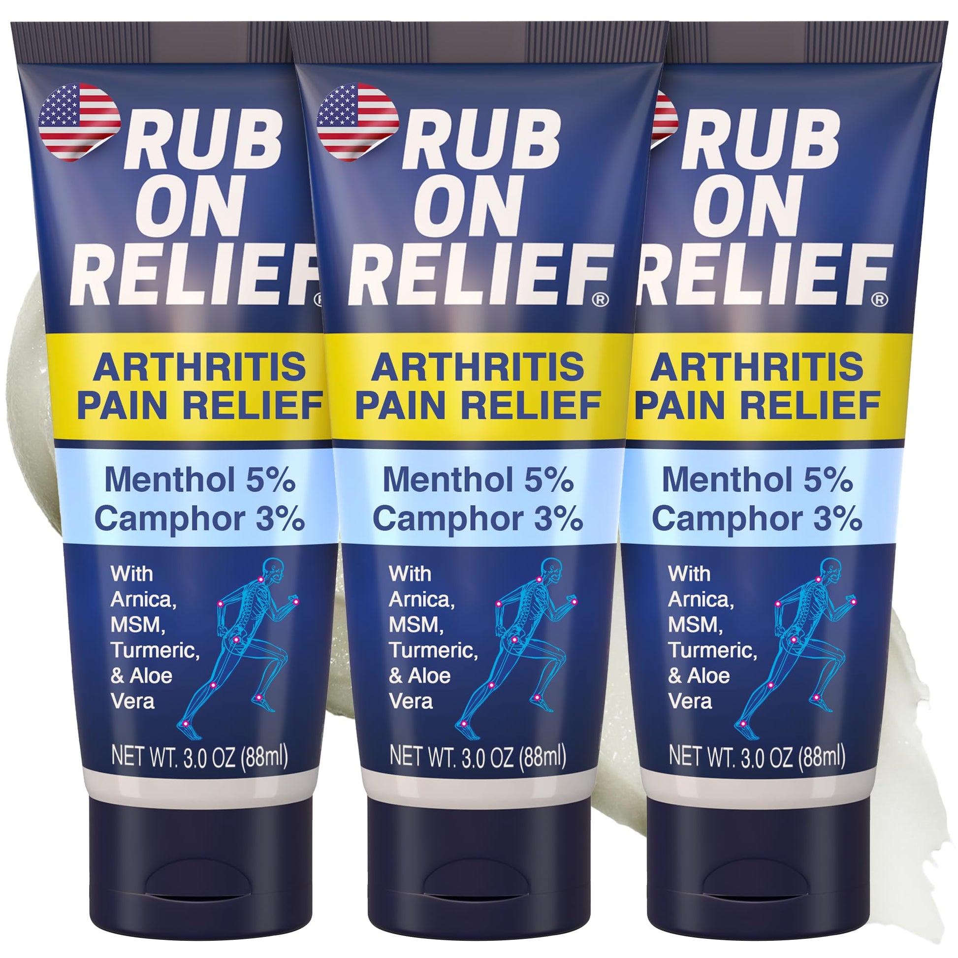 RUB ON RELIEF Arthritis Pain Relief Cream – 10-in-1 Non-Greasy Joints Pain Cream for Knees, Back, Neck, Hands, & Muscle Aches with Menthol, Camphor, Arnica, MSM & Turmeric Up to 8 Hours, 3oz (3 Pack) - dailyvitalstore