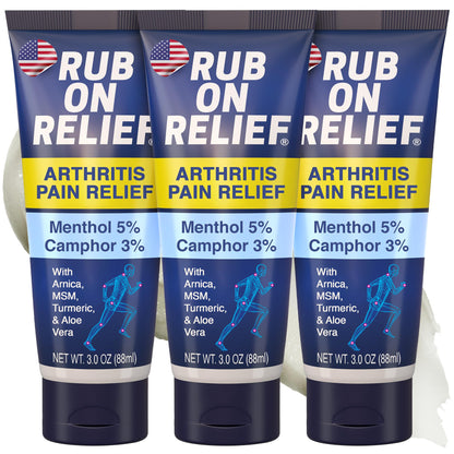 RUB ON RELIEF Arthritis Pain Relief Cream – 10-in-1 Non-Greasy Joints Pain Cream for Knees, Back, Neck, Hands, & Muscle Aches with Menthol, Camphor, Arnica, MSM & Turmeric Up to 8 Hours, 3oz (3 Pack) - dailyvitalstore