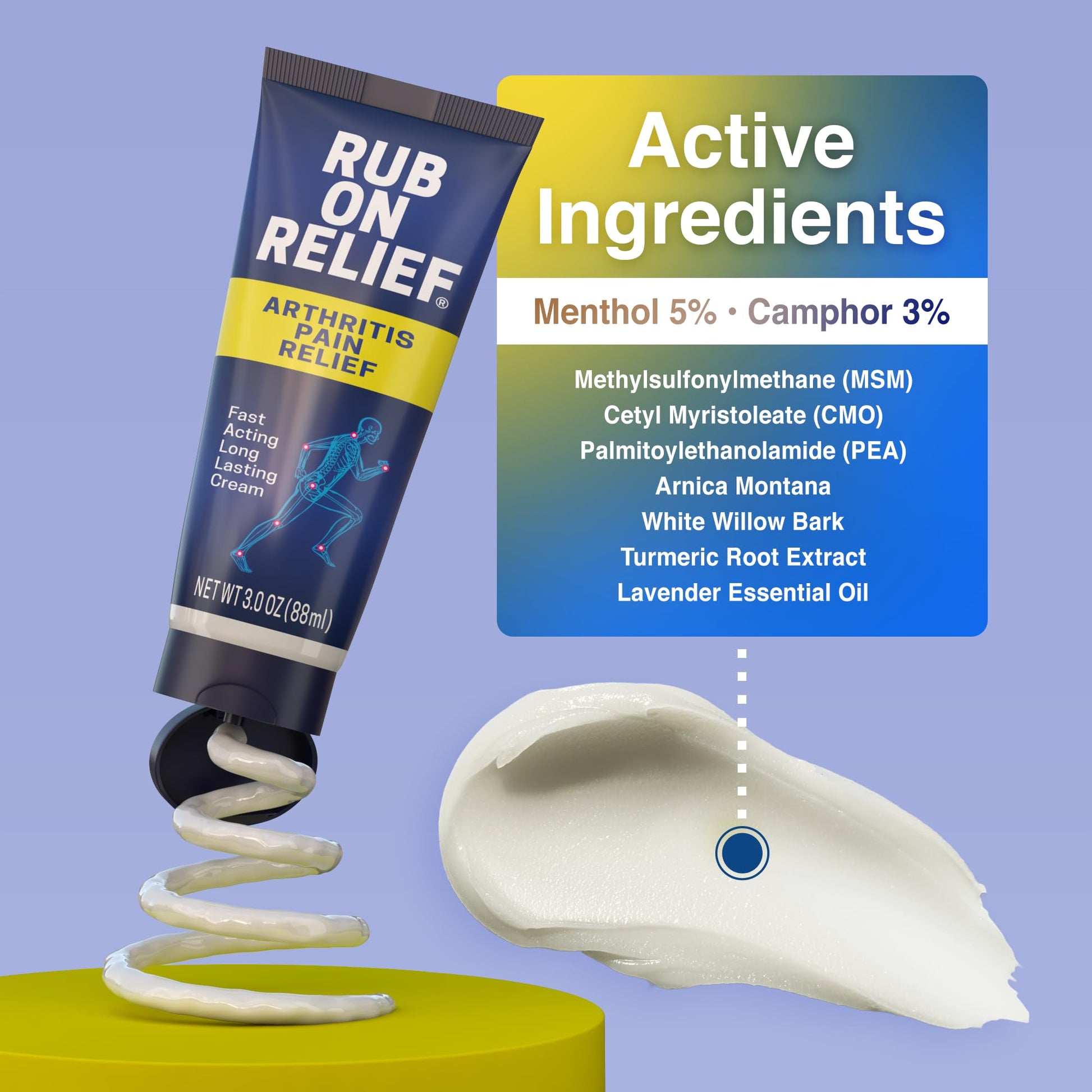 RUB ON RELIEF Arthritis Pain Relief Cream – 10-in-1 Non-Greasy Joints Pain Cream for Knees, Back, Neck, Hands, & Muscle Aches with Menthol, Camphor, Arnica, MSM & Turmeric Up to 8 Hours, 3oz (1 Pack) - dailyvitalstore