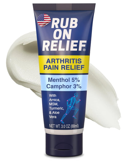 RUB ON RELIEF Arthritis Pain Relief Cream – 10-in-1 Non-Greasy Joints Pain Cream for Knees, Back, Neck, Hands, & Muscle Aches with Menthol, Camphor, Arnica, MSM & Turmeric Up to 8 Hours, 3oz (1 Pack) - dailyvitalstore