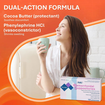 Rugby Hemorrhoidal Suppositories - Soothing and Shrinking Action for Internal Hemorrhoids with Cocoa Butter and Phenylephrine HCl, Easy Open Design - 12 Count - dailyvitalstore