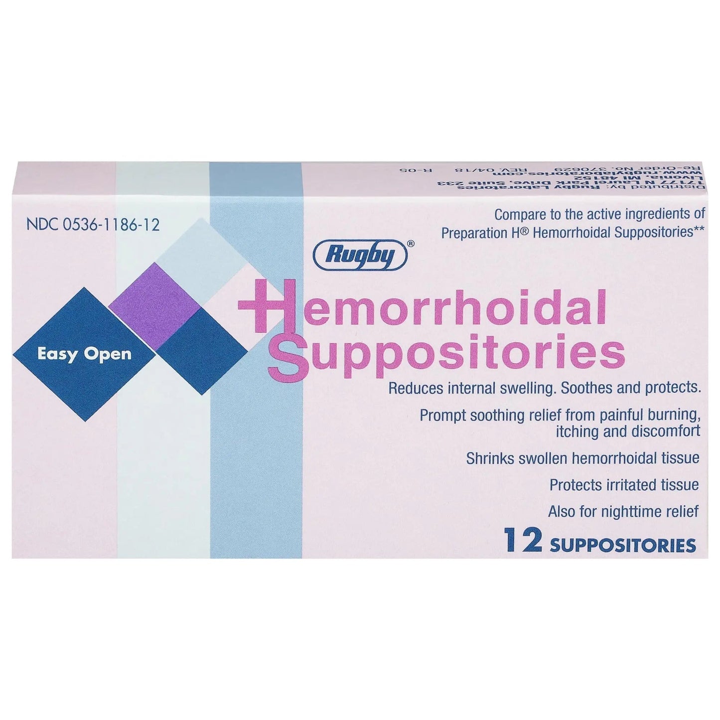 Rugby Hemorrhoidal Suppositories - Soothing and Shrinking Action for Internal Hemorrhoids with Cocoa Butter and Phenylephrine HCl, Easy Open Design - 12 Count - dailyvitalstore