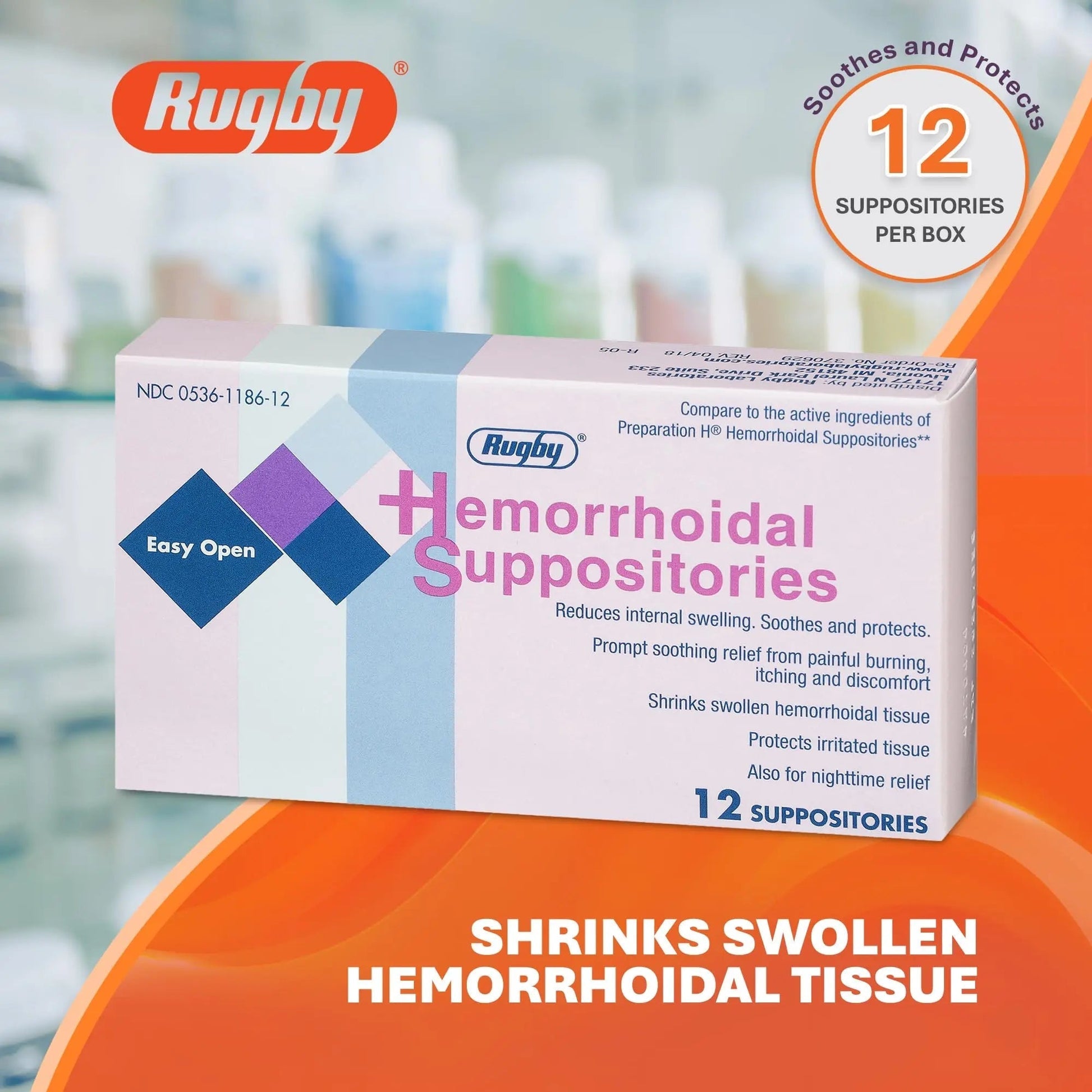 Rugby Hemorrhoidal Suppositories - Soothing and Shrinking Action for Internal Hemorrhoids with Cocoa Butter and Phenylephrine HCl, Easy Open Design - 12 Count - dailyvitalstore