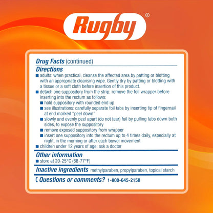 Rugby Hemorrhoidal Suppositories - Soothing and Shrinking Action for Internal Hemorrhoids with Cocoa Butter and Phenylephrine HCl, Easy Open Design - 12 Count - dailyvitalstore