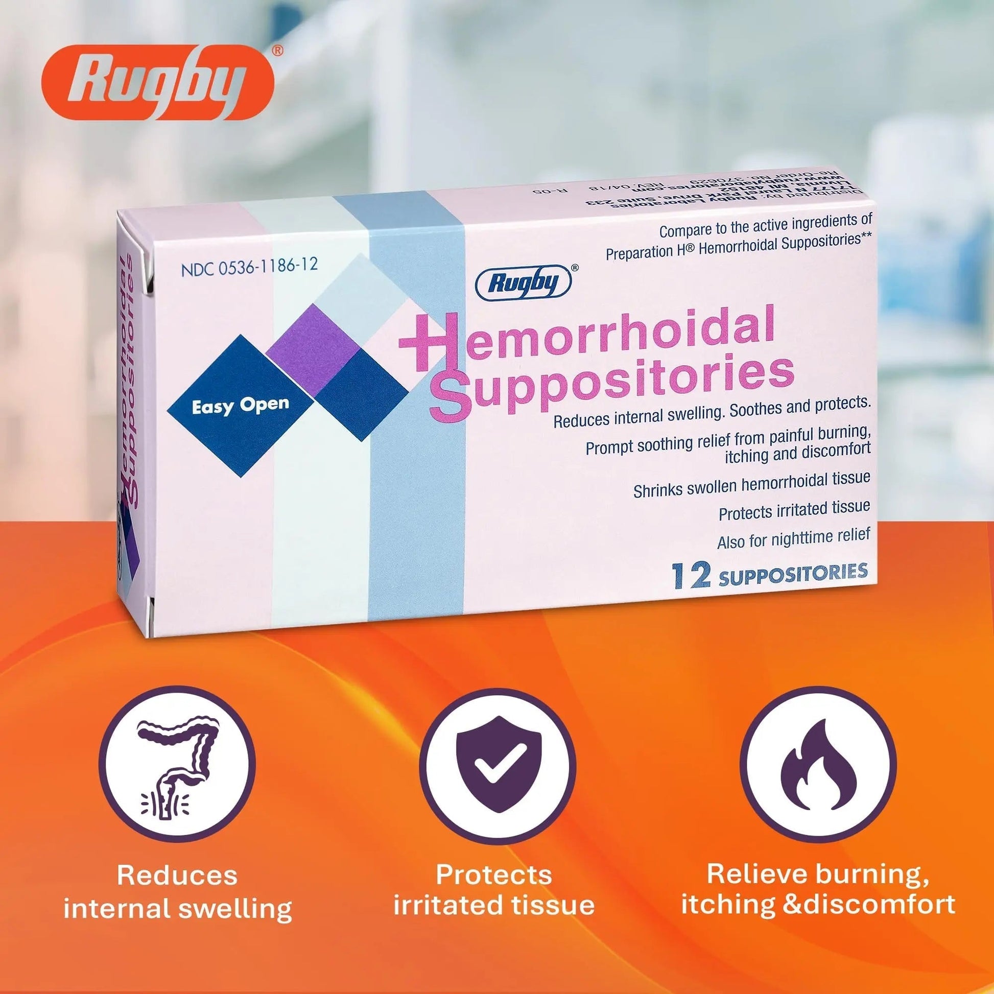 Rugby Hemorrhoidal Suppositories - Soothing and Shrinking Action for Internal Hemorrhoids with Cocoa Butter and Phenylephrine HCl, Easy Open Design - 12 Count - dailyvitalstore