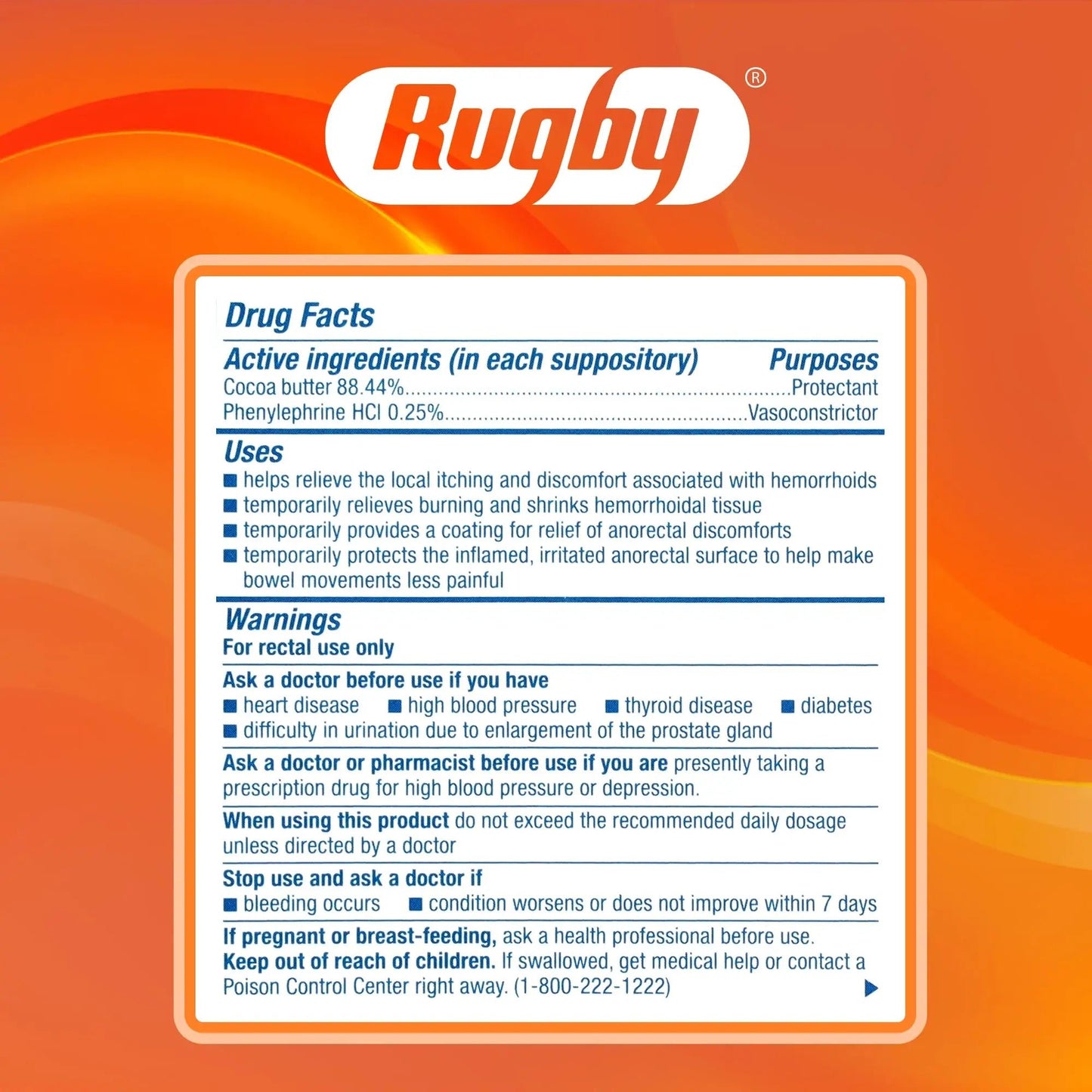 Rugby Hemorrhoidal Suppositories - Soothing and Shrinking Action for Internal Hemorrhoids with Cocoa Butter and Phenylephrine HCl, Easy Open Design - 12 Count - dailyvitalstore