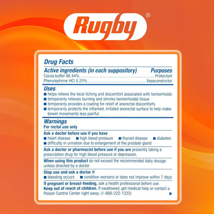 Rugby Hemorrhoidal Suppositories - Soothing and Shrinking Action for Internal Hemorrhoids with Cocoa Butter and Phenylephrine HCl, Easy Open Design - 12 Count - dailyvitalstore
