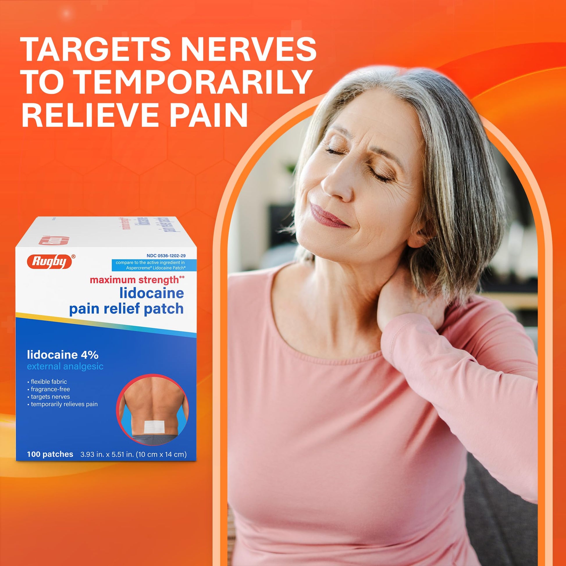 Rugby Maximum Strength 4% Lidocaine Pain Relief Patch- External Analgesic - Flexible Fabric, Fragrance-Free - Temporarily Relieves Pain - 100 Patches (10 cm x 14 cm Each) - dailyvitalstore