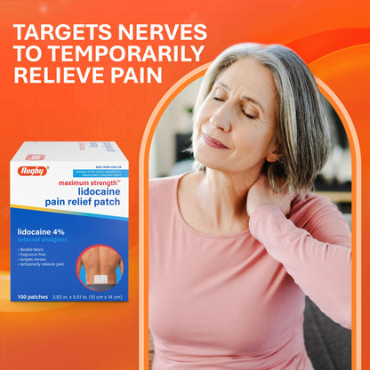 Rugby Maximum Strength 4% Lidocaine Pain Relief Patch- External Analgesic - Flexible Fabric, Fragrance-Free - Temporarily Relieves Pain - 100 Patches (10 cm x 14 cm Each) - dailyvitalstore