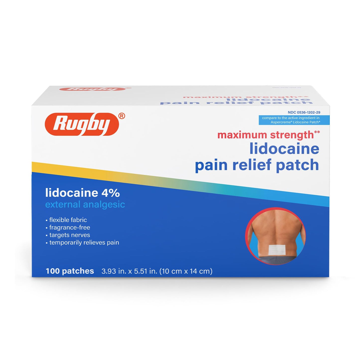 Rugby Maximum Strength 4% Lidocaine Pain Relief Patch- External Analgesic - Flexible Fabric, Fragrance-Free - Temporarily Relieves Pain - 100 Patches (10 cm x 14 cm Each) - dailyvitalstore