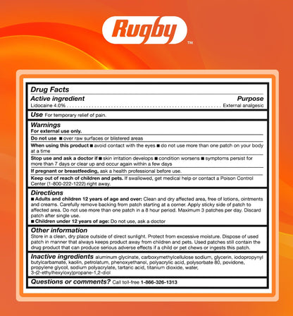 Rugby Maximum Strength 4% Lidocaine Pain Relief Patch- External Analgesic - Flexible Fabric, Fragrance-Free - Temporarily Relieves Pain - 100 Patches (10 cm x 14 cm Each) - dailyvitalstore
