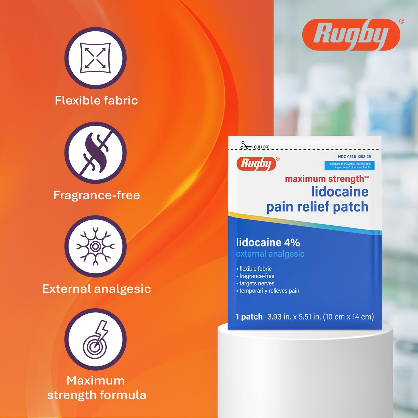Rugby Maximum Strength 4% Lidocaine Pain Relief Patch- External Analgesic - Flexible Fabric, Fragrance-Free - Temporarily Relieves Pain - 100 Patches (10 cm x 14 cm Each) - dailyvitalstore