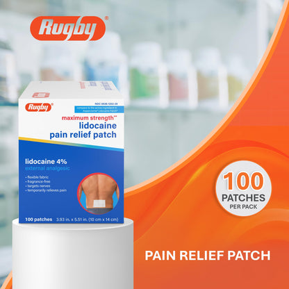 Rugby Maximum Strength 4% Lidocaine Pain Relief Patch- External Analgesic - Flexible Fabric, Fragrance-Free - Temporarily Relieves Pain - 100 Patches (10 cm x 14 cm Each) - dailyvitalstore