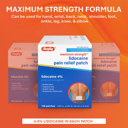 Rugby Maximum Strength 4% Lidocaine Pain Relief Patch- External Analgesic - Flexible Fabric, Fragrance-Free - Temporarily Relieves Pain - 100 Patches (10 cm x 14 cm Each) - dailyvitalstore