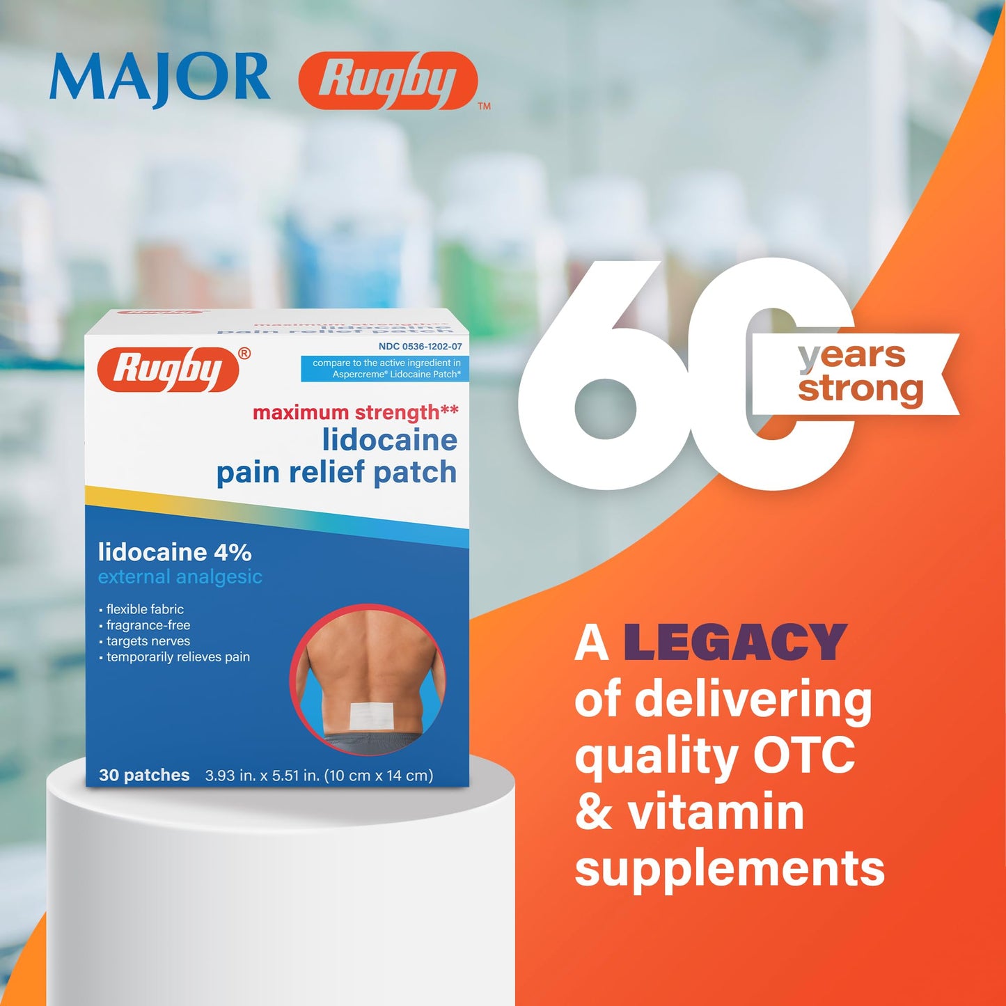 Rugby Maximum Strength Lidocaine Pain Relief Patch - 4% Lidocaine - Topical Anesthetic - Unscented - 30 Patches (1 Pack) - dailyvitalstore