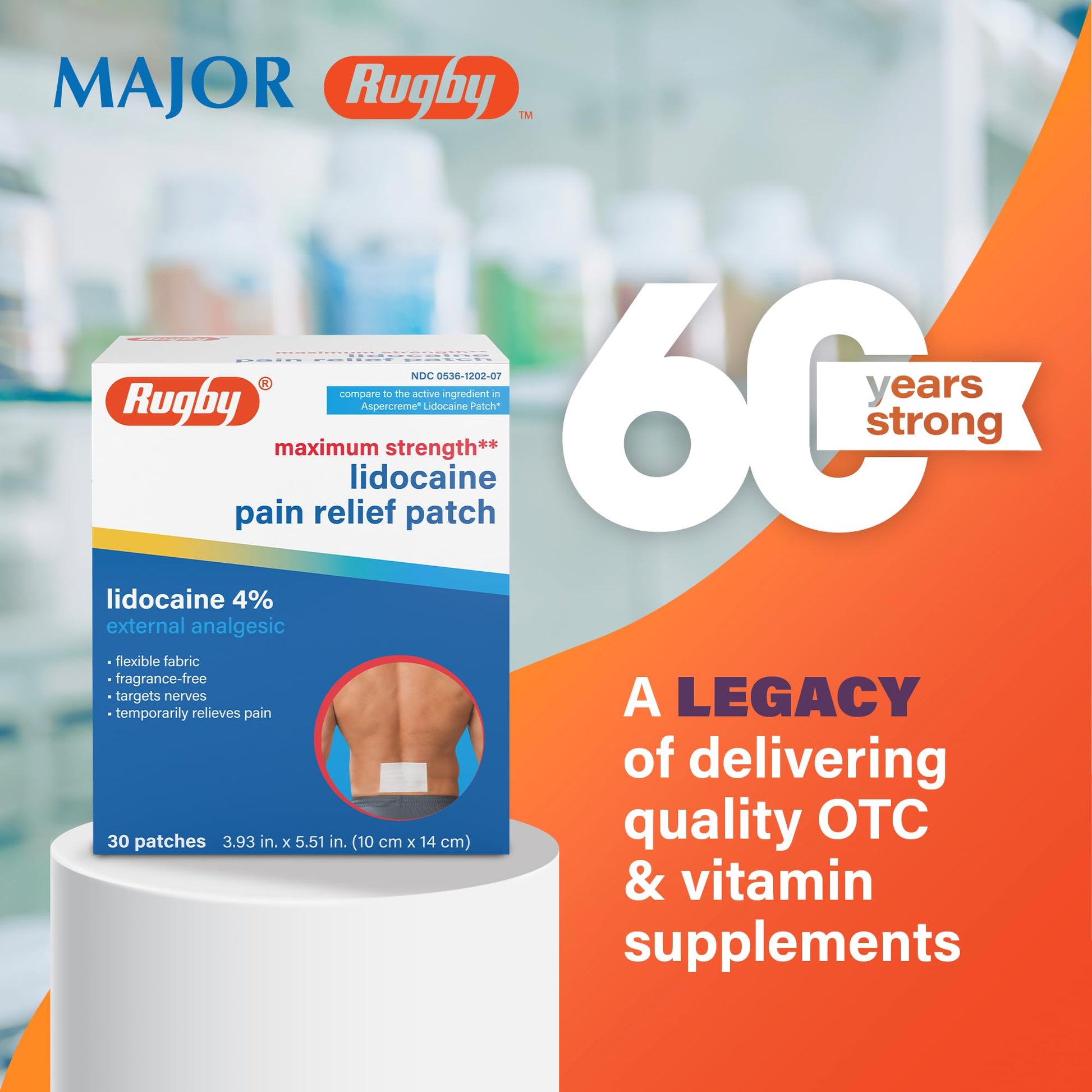 Rugby Maximum Strength Lidocaine Pain Relief Patch - 4% Lidocaine - Topical Anesthetic - Unscented - 30 Patches (1 Pack) - dailyvitalstore