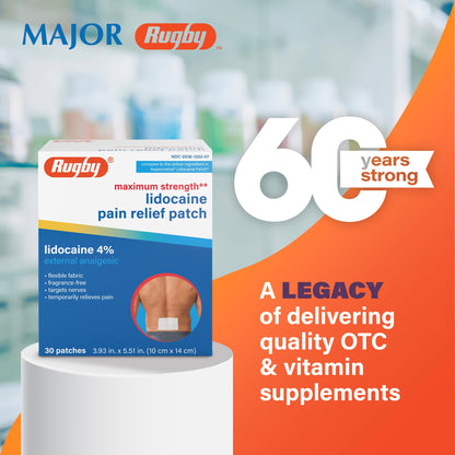 Rugby Maximum Strength Lidocaine Pain Relief Patch - 4% Lidocaine - Topical Anesthetic - Unscented - 30 Patches (1 Pack) - dailyvitalstore