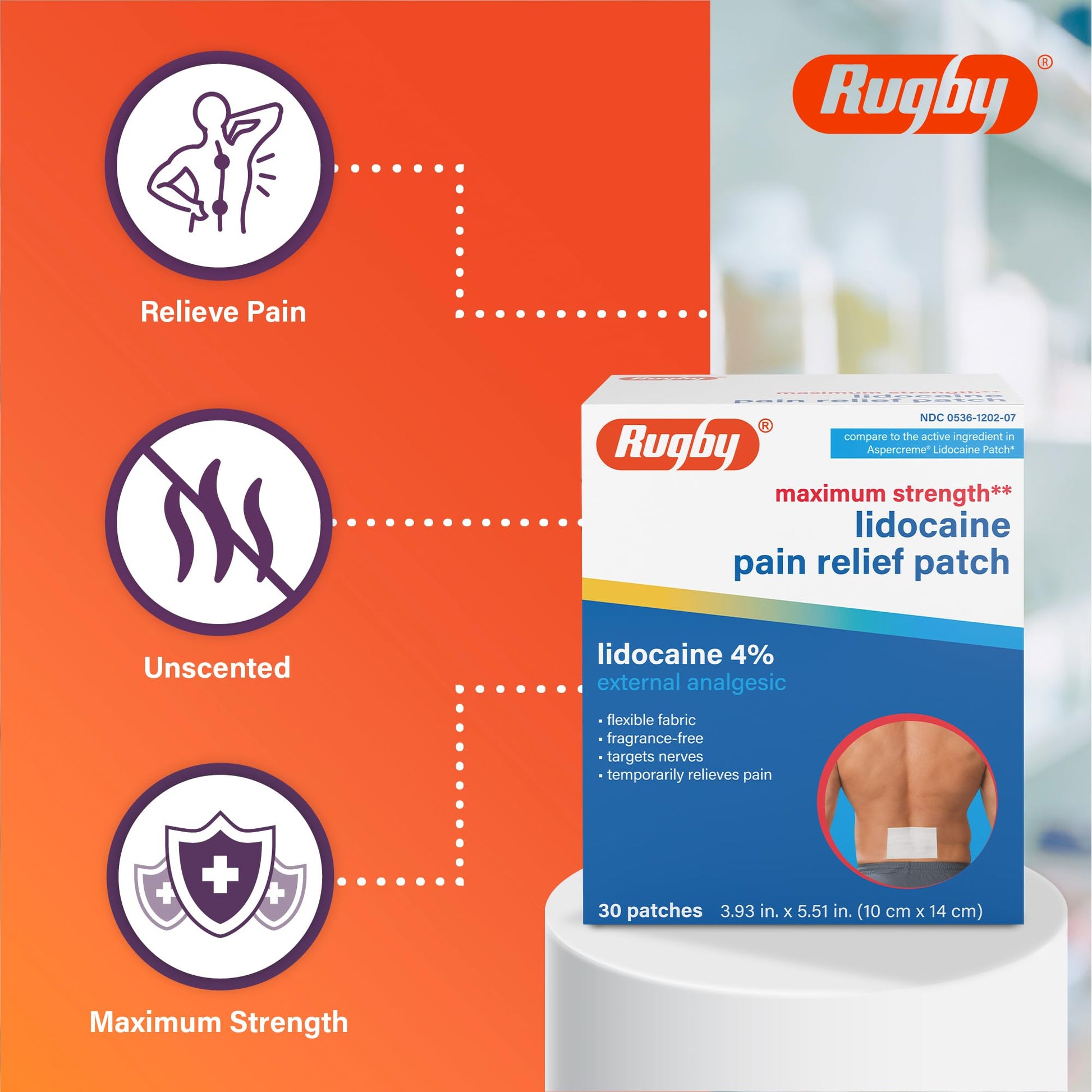 Rugby Maximum Strength Lidocaine Pain Relief Patch - 4% Lidocaine - Topical Anesthetic - Unscented - 30 Patches (1 Pack) - dailyvitalstore