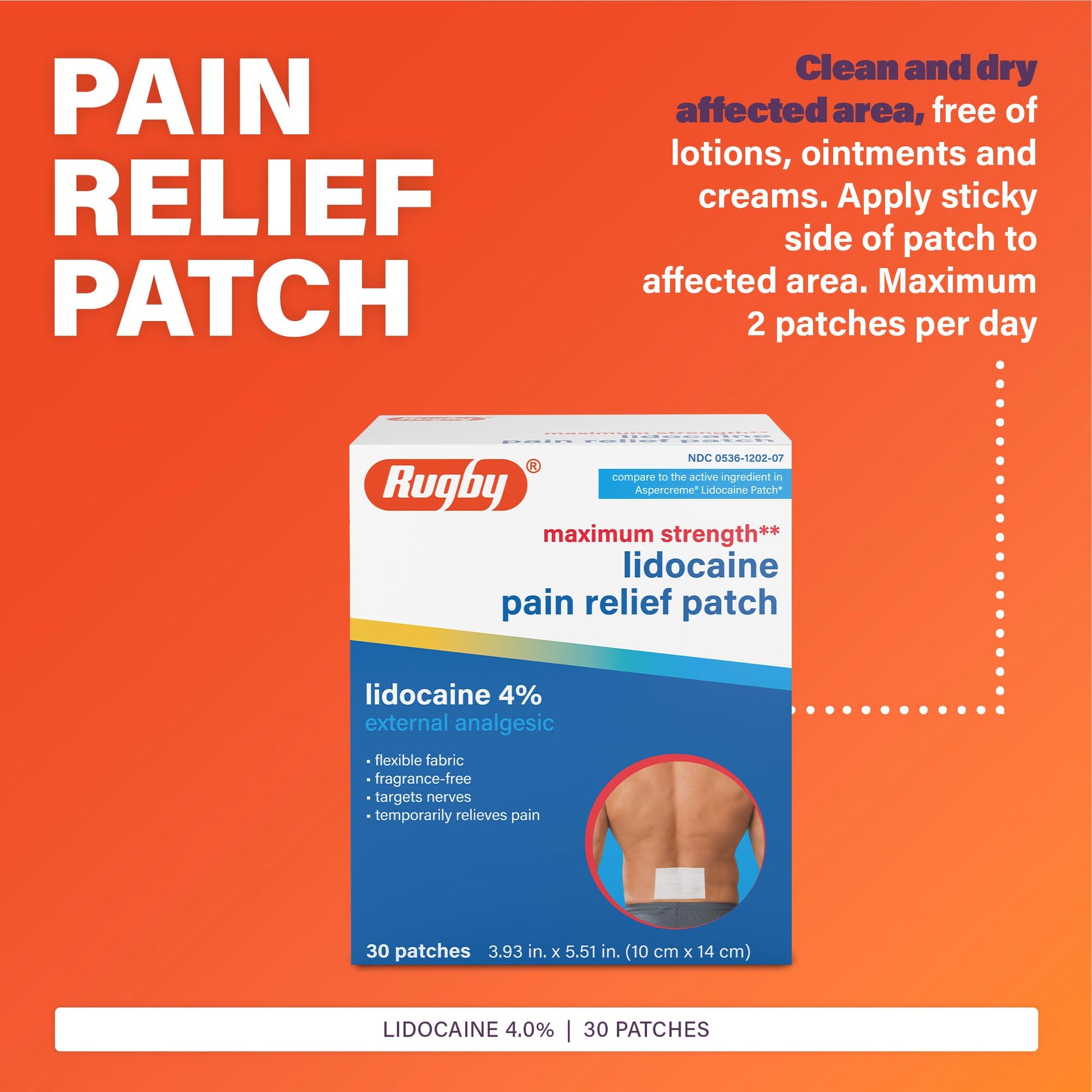 Rugby Maximum Strength Lidocaine Pain Relief Patch - 4% Lidocaine - Topical Anesthetic - Unscented - 30 Patches (1 Pack) - dailyvitalstore