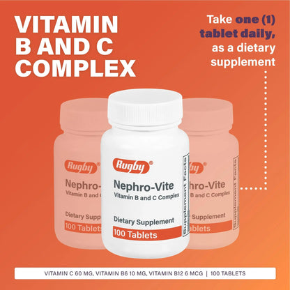 Rugby Nephro-Vite Vitamin B and C Complex Tablets - Dietary Supplement - 100 Count (1 Pack) - dailyvitalstore