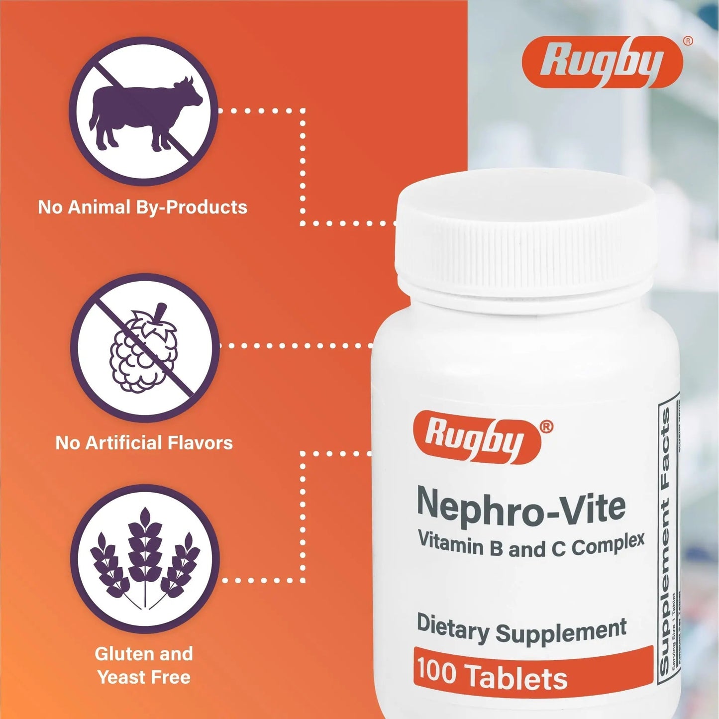 Rugby Nephro-Vite Vitamin B and C Complex Tablets - Dietary Supplement - 100 Count (1 Pack) - dailyvitalstore
