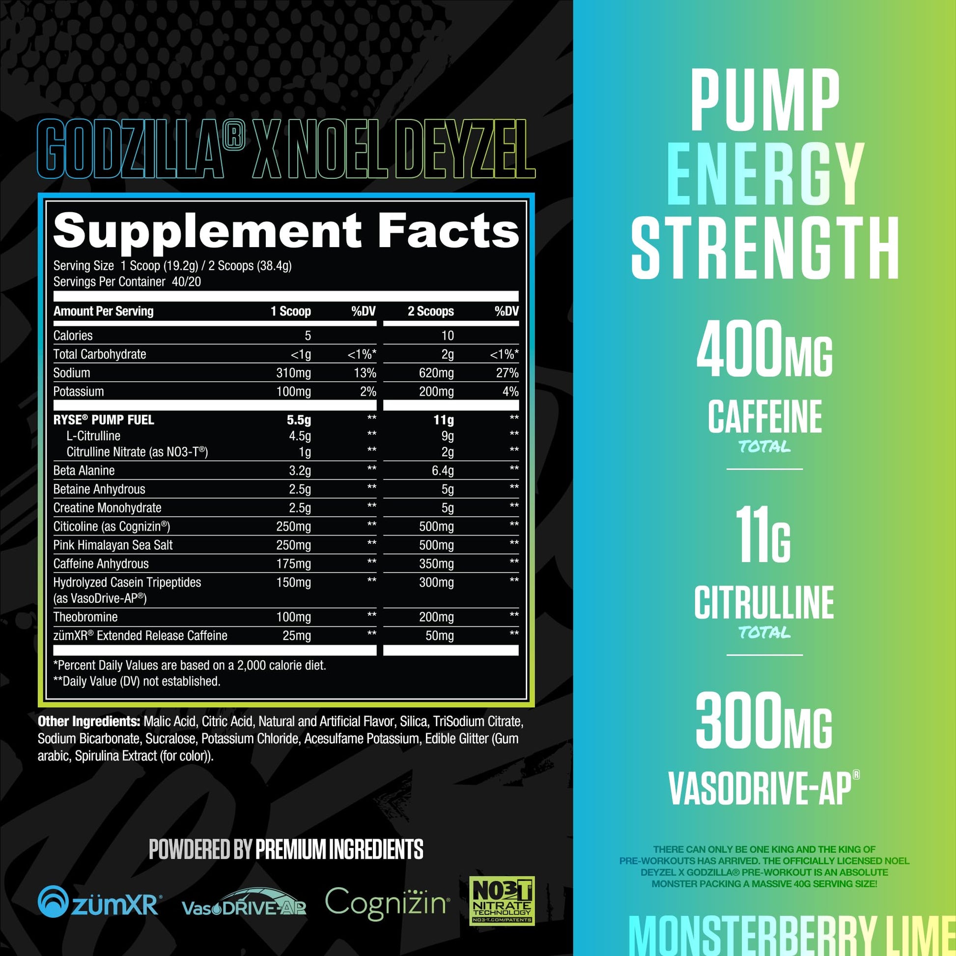 RYSE Godzilla X Noel Deyzel Pre Workout Powder - Monsterberry Lime - 400mg Caffeine, High Stim Pre-Workout for Men & Women with Citrulline & Beta Alanine - Energy, Pump & Focus - 20/40 Servings - dailyvitalstore