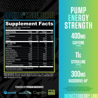 RYSE Godzilla X Noel Deyzel Pre Workout Powder - Monsterberry Lime - 400mg Caffeine, High Stim Pre-Workout for Men & Women with Citrulline & Beta Alanine - Energy, Pump & Focus - 20/40 Servings - dailyvitalstore