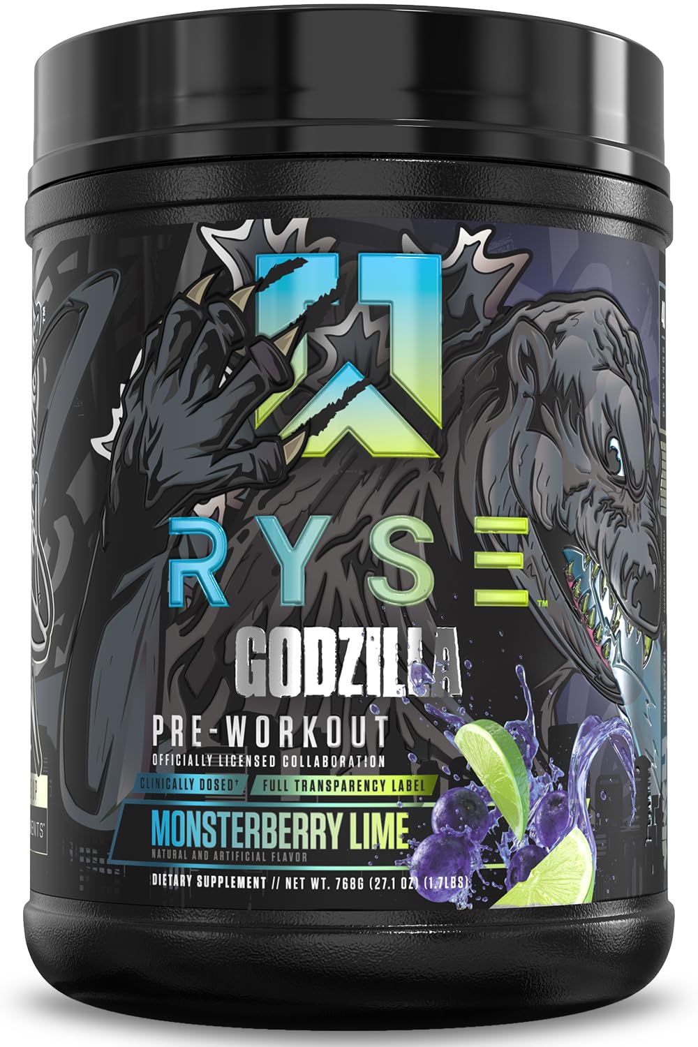 RYSE Godzilla X Noel Deyzel Pre Workout Powder - Monsterberry Lime - 400mg Caffeine, High Stim Pre-Workout for Men & Women with Citrulline & Beta Alanine - Energy, Pump & Focus - 20/40 Servings - dailyvitalstore