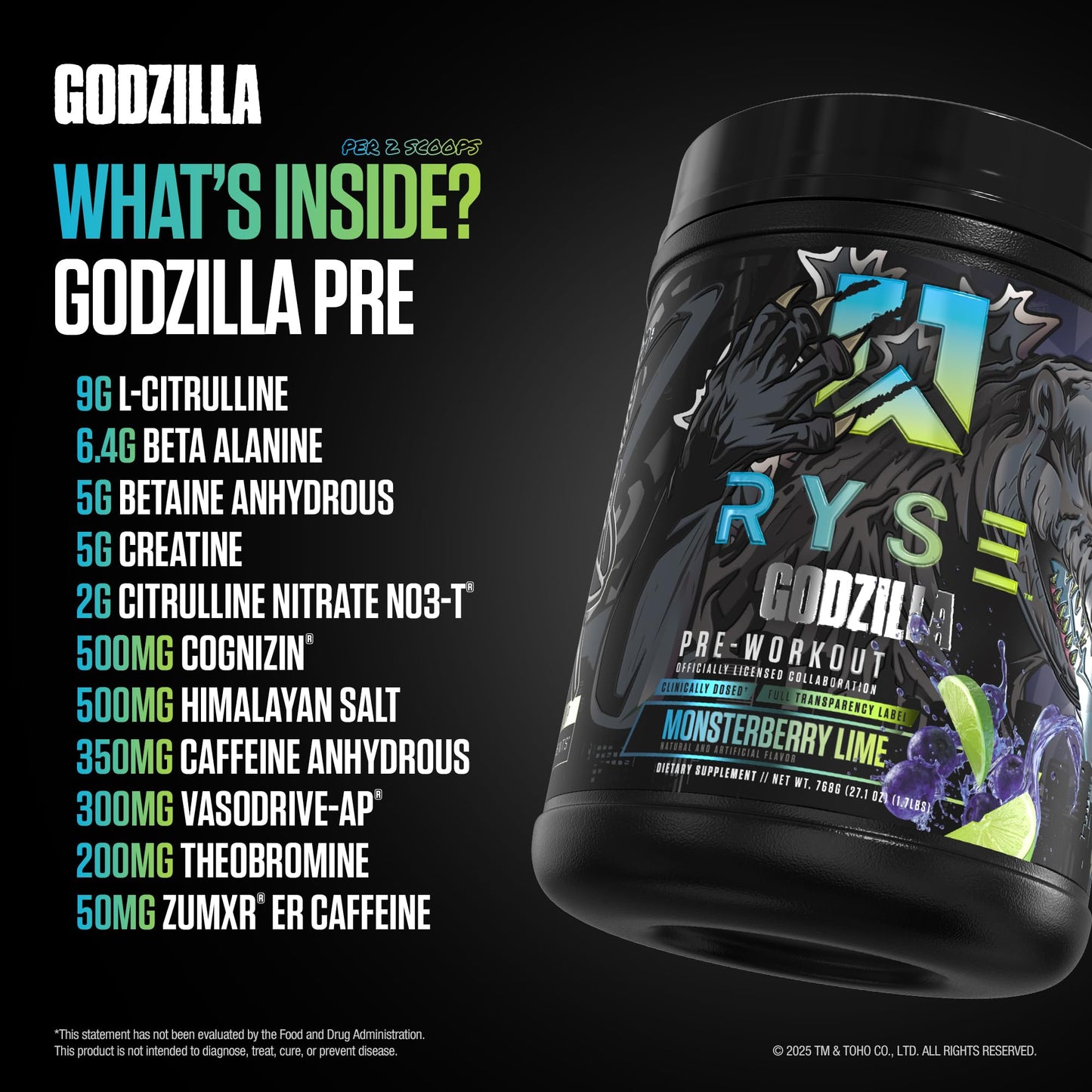 RYSE Godzilla X Noel Deyzel Pre Workout Powder - Monsterberry Lime - 400mg Caffeine, High Stim Pre-Workout for Men & Women with Citrulline & Beta Alanine - Energy, Pump & Focus - 20/40 Servings - dailyvitalstore