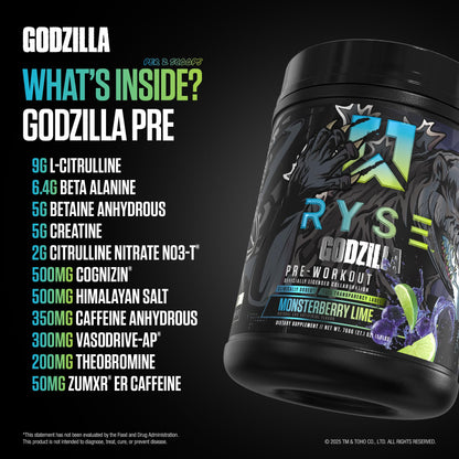 RYSE Godzilla X Noel Deyzel Pre Workout Powder - Monsterberry Lime - 400mg Caffeine, High Stim Pre-Workout for Men & Women with Citrulline & Beta Alanine - Energy, Pump & Focus - 20/40 Servings - dailyvitalstore