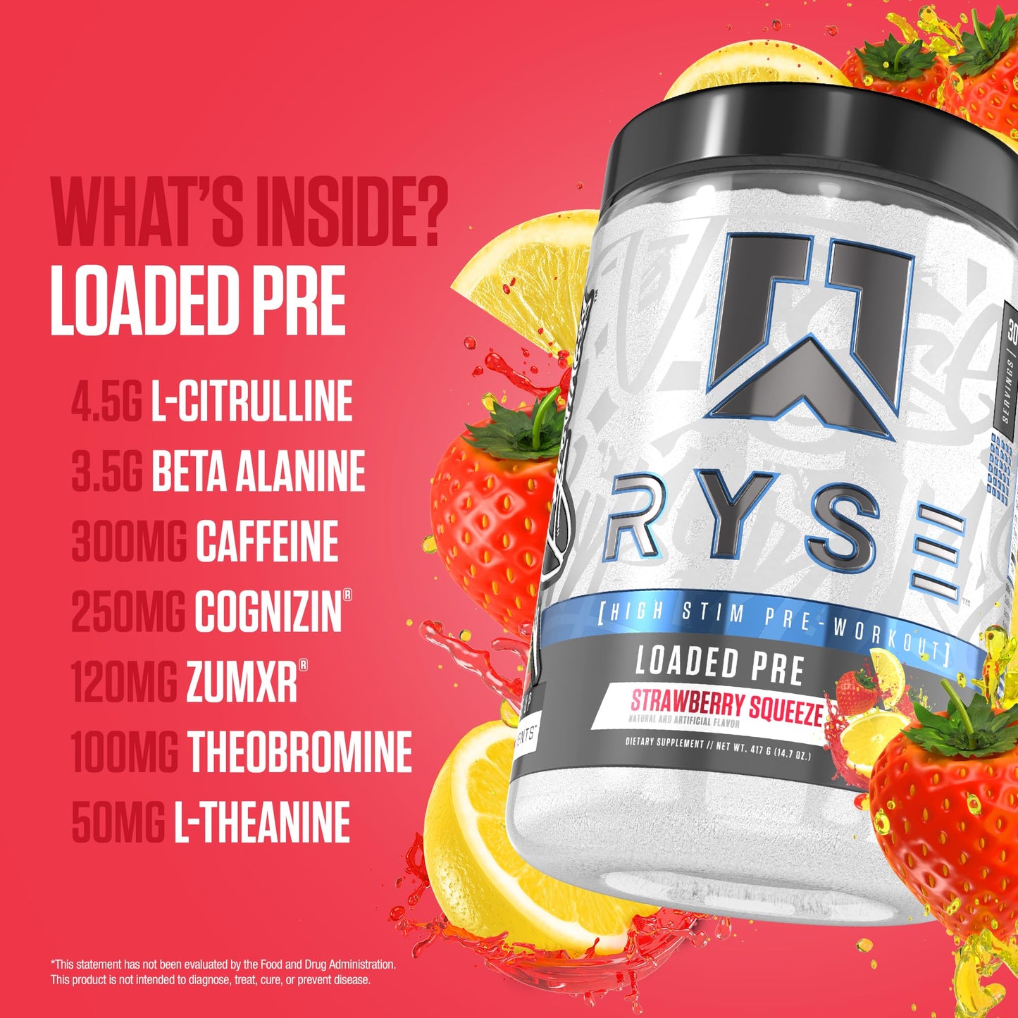 RYSE Loaded Pre Workout Powder - Strawberry Squeeze - Daily Pre-Workout for Men & Women with 390mg Caffeine, Beta Alanine, and Citrulline for Pump - dailyvitalstore