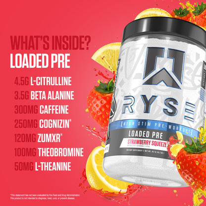 RYSE Loaded Pre Workout Powder - Strawberry Squeeze - Daily Pre-Workout for Men & Women with 390mg Caffeine, Beta Alanine, and Citrulline for Pump - dailyvitalstore