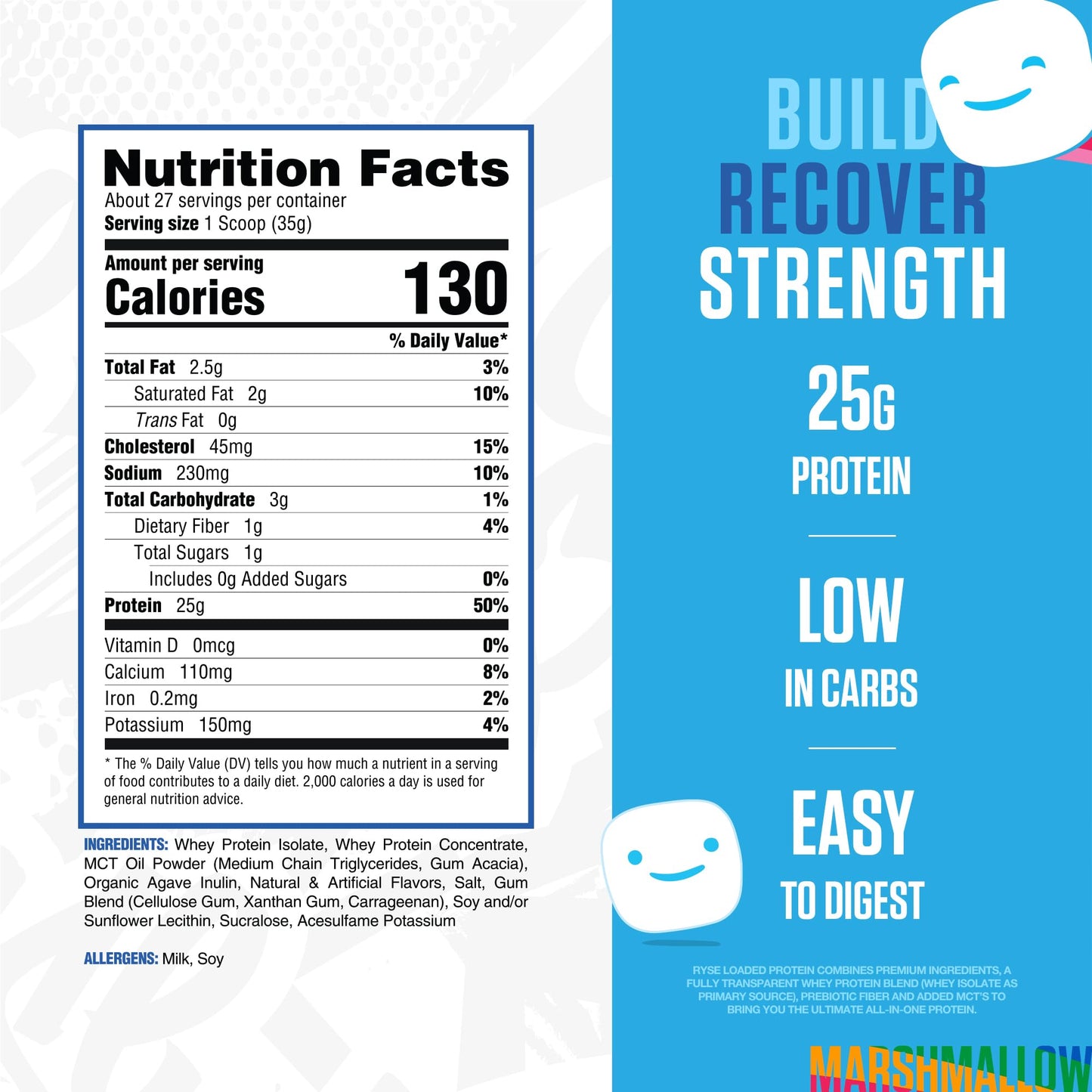 RYSE Loaded Protein Powder - Jet-Puffed Marshmallow - 25g Whey Protein Isolate & Concentrate with Prebiotic Fiber & MCTs - Low Carb, Low Sugar, Digestive-Friendly - 27 Servings / 2 lb Tub - dailyvitalstore
