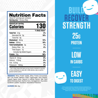 RYSE Loaded Protein Powder - Jet-Puffed Marshmallow - 25g Whey Protein Isolate & Concentrate with Prebiotic Fiber & MCTs - Low Carb, Low Sugar, Digestive-Friendly - 27 Servings / 2 lb Tub - dailyvitalstore