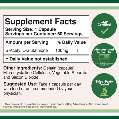 S-Acetyl L-Glutathione Capsules - 100mg, 60 Count (Acetylated Glutathione Antioxidant - More Absorbable Than Glutathione and Liposomal Glutathione, Non-GMO and Gluten Free) by Double Wood - dailyvitalstore