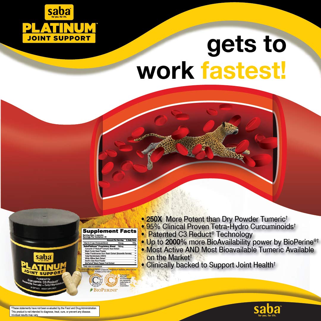 Saba Platinum Joint Support – High Absorption Curcumin C3 Reduct & Boswellia – Fast Acting Turmeric Supplement for Joint Pain Relief, Mobility & Healthy Inflammation Response – 60 Vegan Capsules - dailyvitalstore